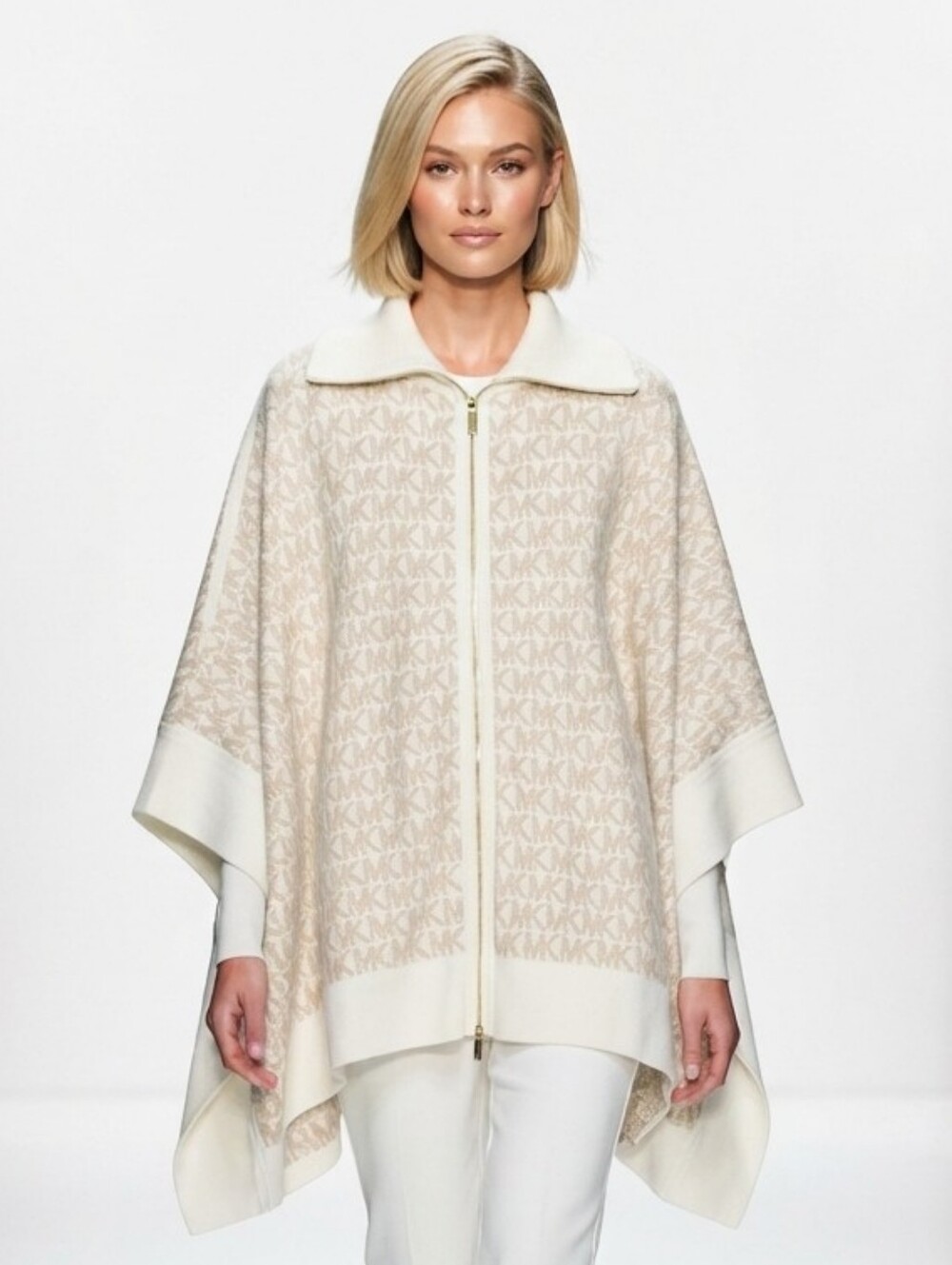Michael Kors Monogram Riversable Knit Zip Poncho Cape Sweater Cream Beige S/P/M